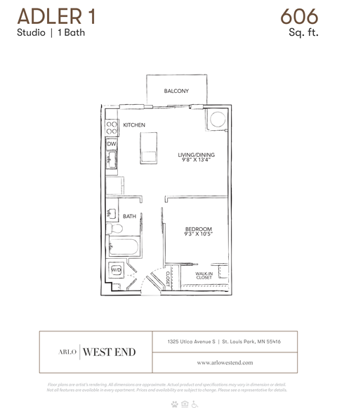the adler 1 bedroom studio apt floor plan  west end apartments